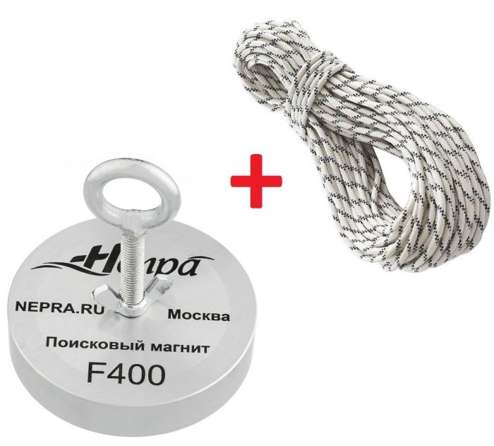 Komplekts Meklēšanas neodīma magnēts Nepra 800kg 2F400 (divpusējs) + 8mm virve Nepra magnētam