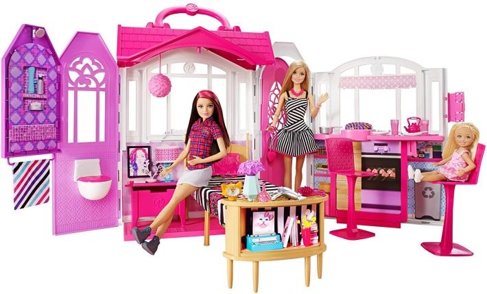FXG54 Mattel Barbie Dollhouse, Portable 1-Story Playset, with Pool, Multi-Colour